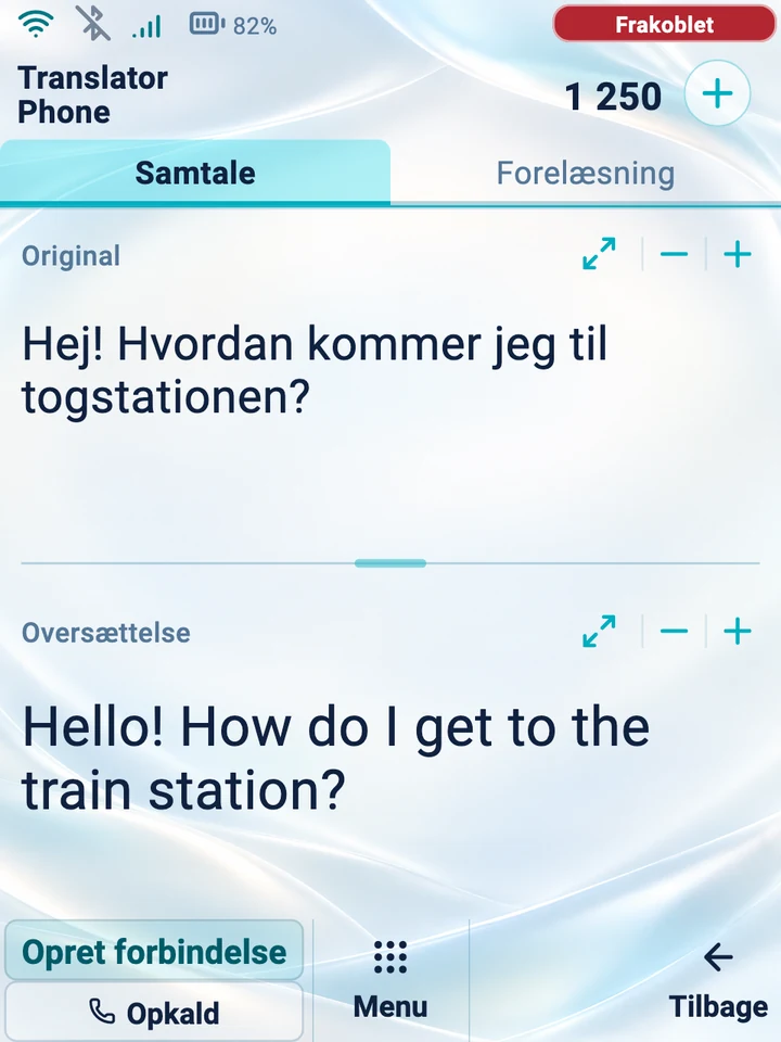 Enhedens skærm: tilstanden »Samtale« med original og oversættelse