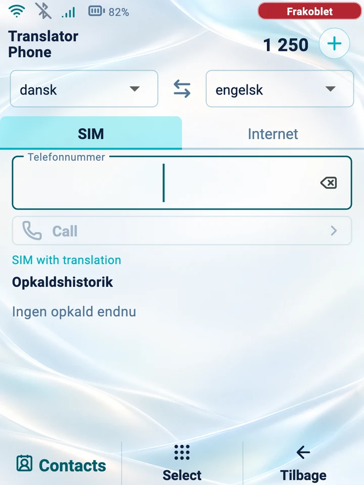 Enhedens skærm: nummertastatur til et oversat SIM-opkald