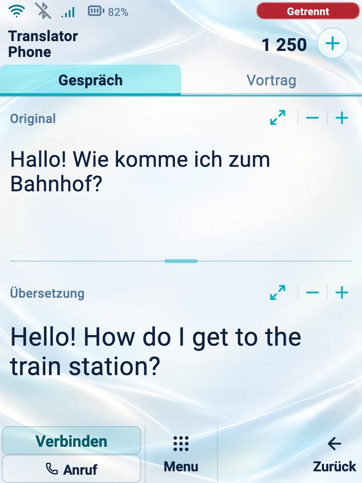 Gerätebildschirm: Gesprächsmodus mit Original und Übersetzung
