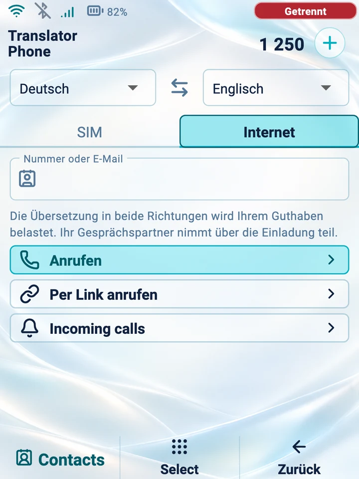 Gerätebildschirm: ein Internetanruf