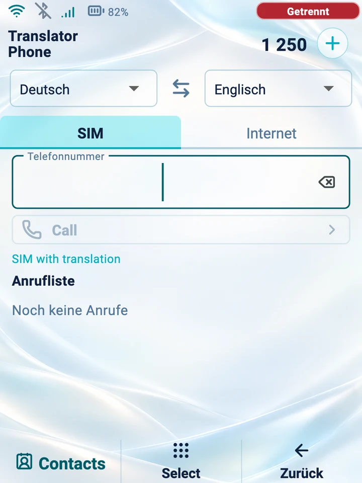 Gerätebildschirm: Rufnummernwahl für einen übersetzten SIM-Anruf