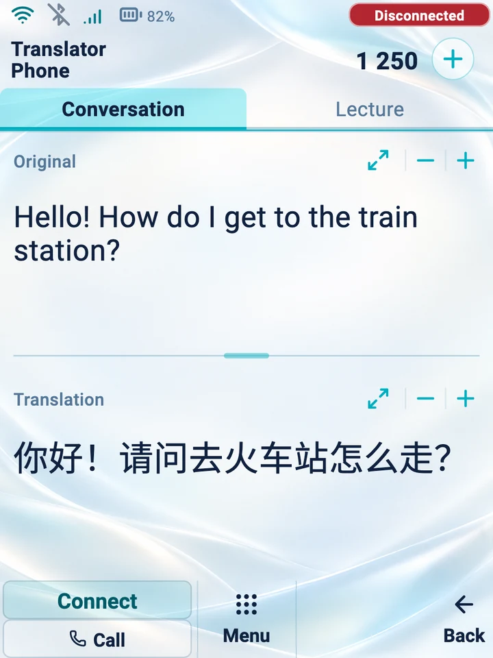 Device screen: Conversation mode with the original and the translation