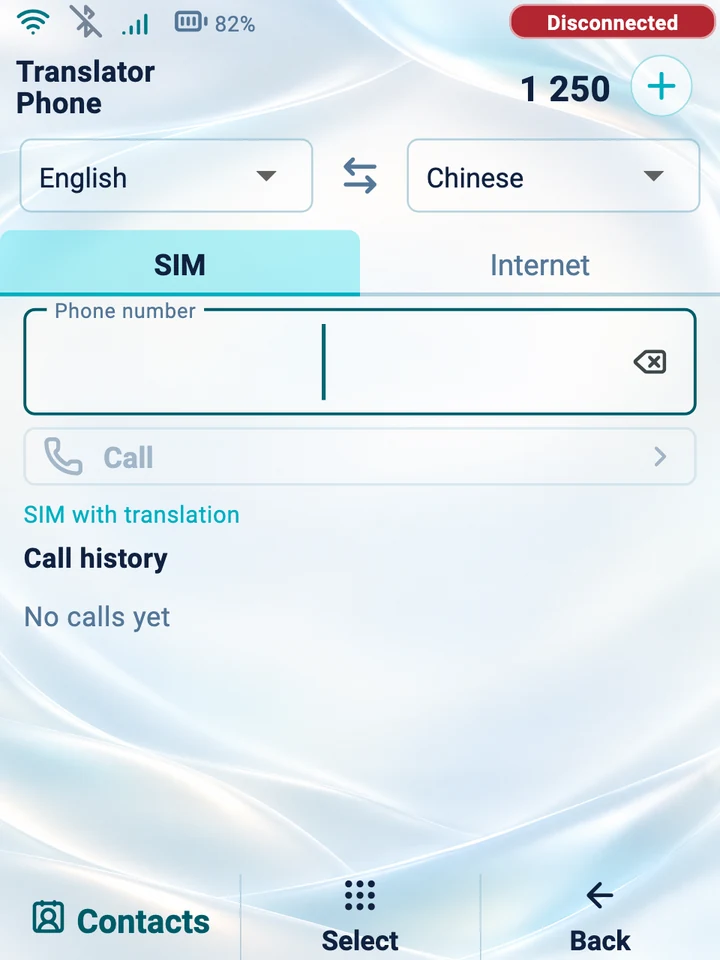 Device screen: dialer for a translated SIM call