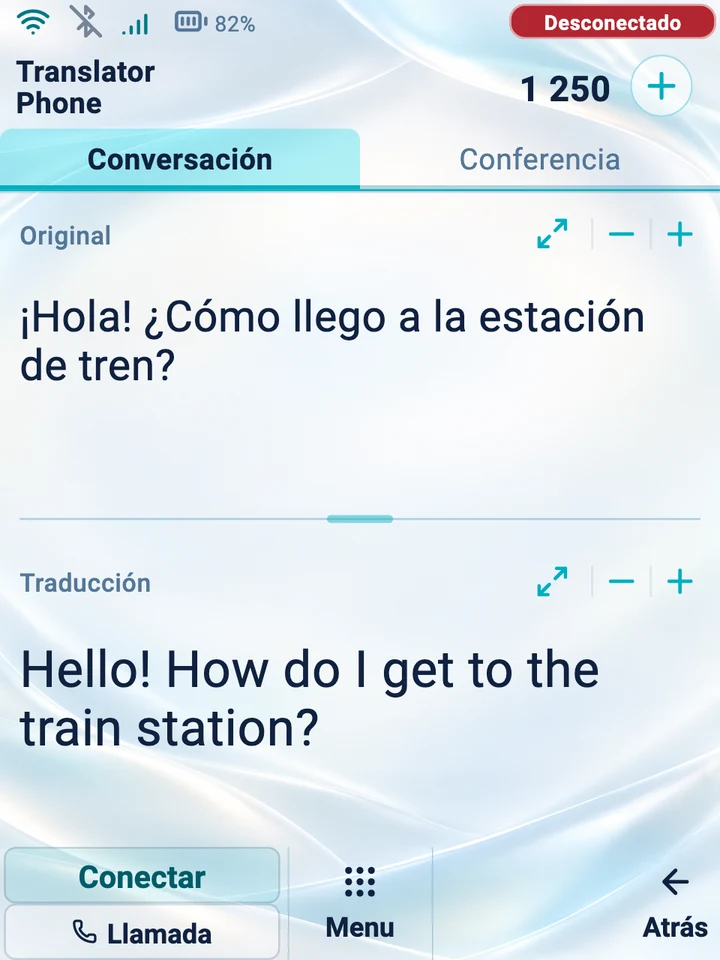 Pantalla del dispositivo: modo Conversación con el original y la traducción