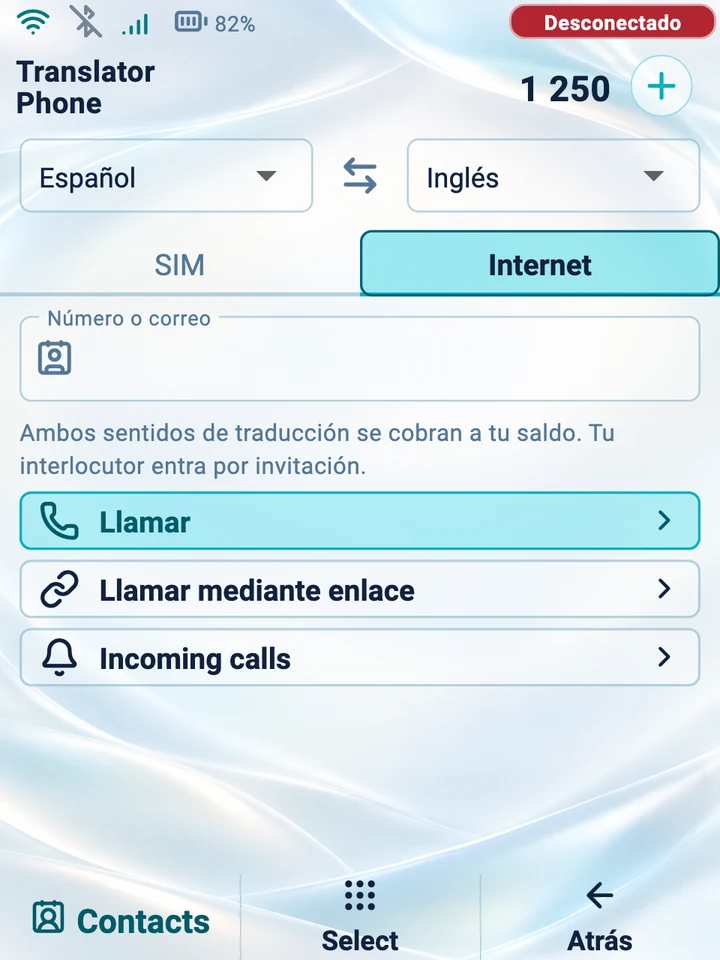 Pantalla del dispositivo: una llamada por internet