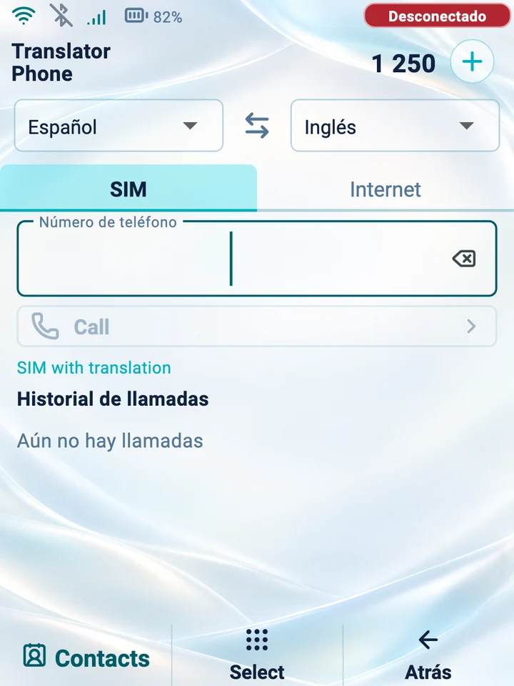 Pantalla del dispositivo: marcador para una llamada SIM con traducción