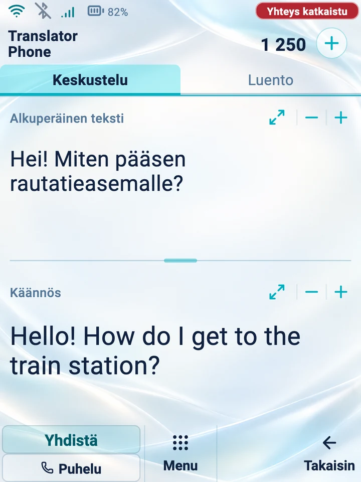 Laitteen näyttö: Keskustelu-tila, alkuperäinen teksti ja käännös