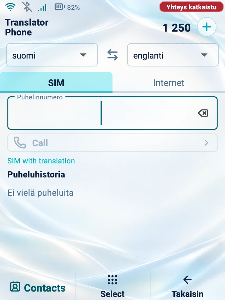 Laitteen näyttö: numeronvalinta käännettyä SIM-puhelua varten
