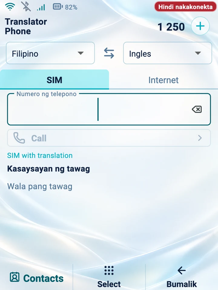 Screen ng device: dialer para sa tawag sa SIM na may salin