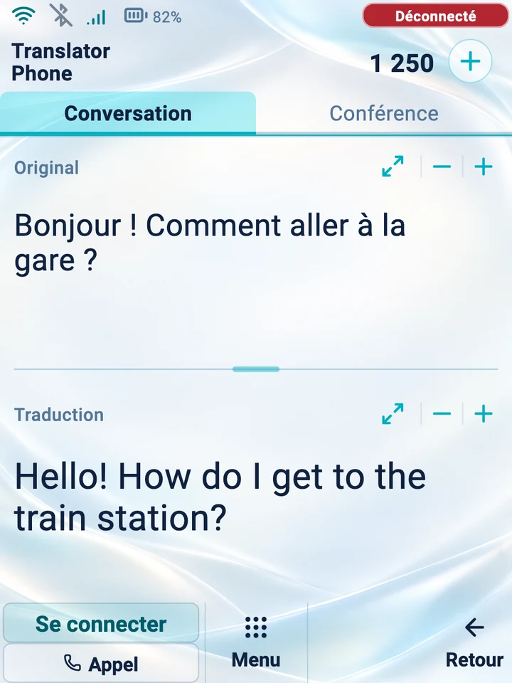 Écran de l’appareil : mode Conversation avec l’original et la traduction