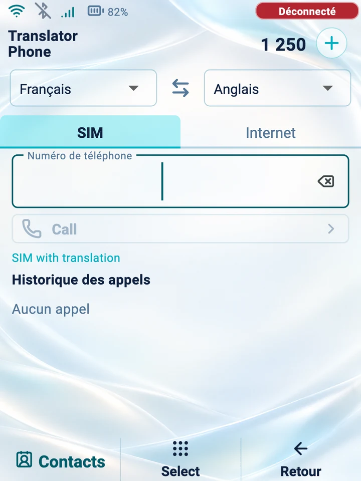 Écran de l’appareil : composition du numéro pour un appel SIM traduit