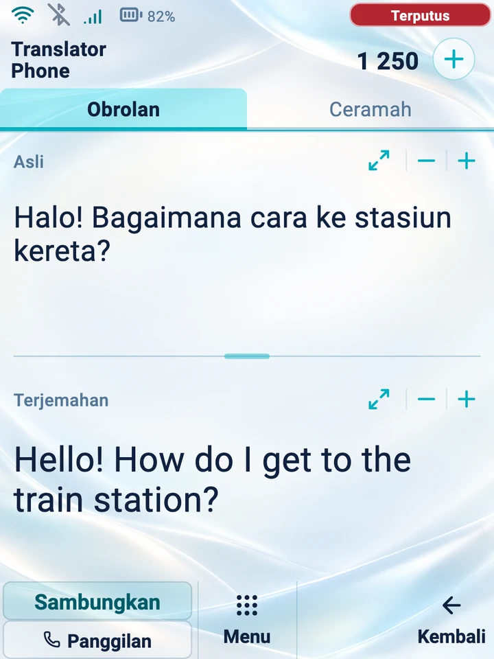 Layar perangkat: mode Obrolan dengan teks asli dan terjemahan