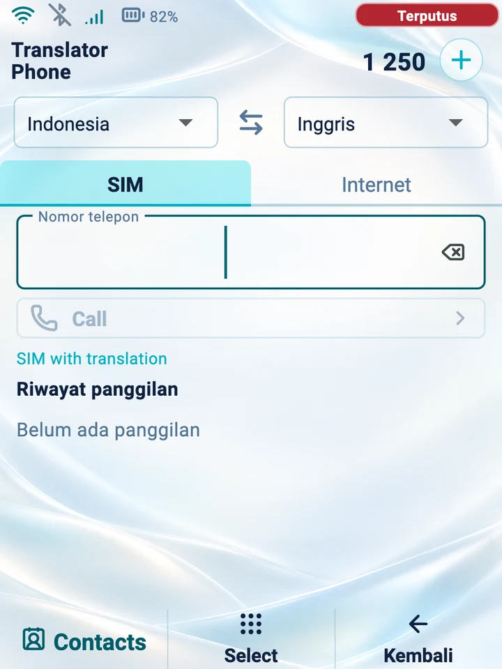 Layar perangkat: memasukkan nomor untuk panggilan SIM dengan terjemahan