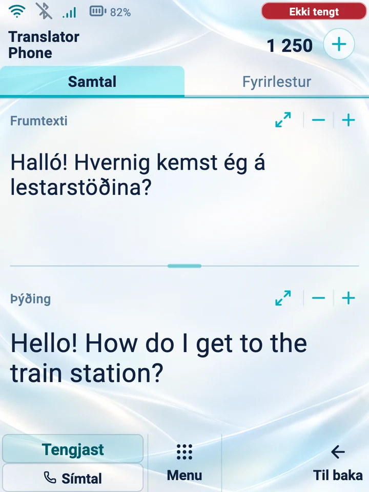 Skjár tækisins: samtalshamur með frumtexta og þýðingu