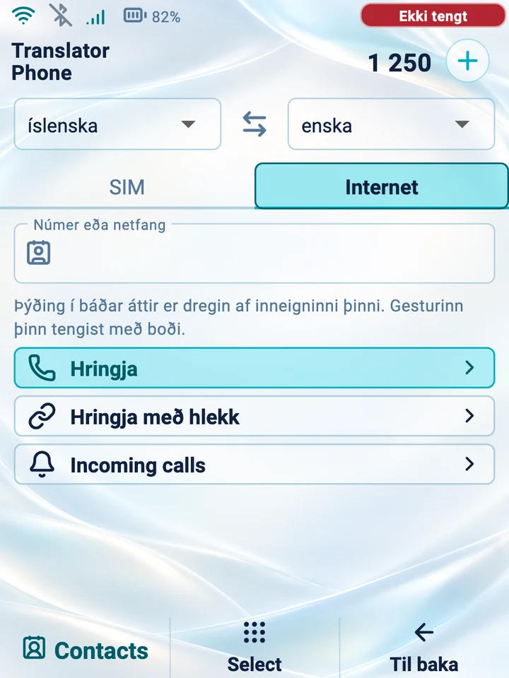Skjár tækisins: netsímtal