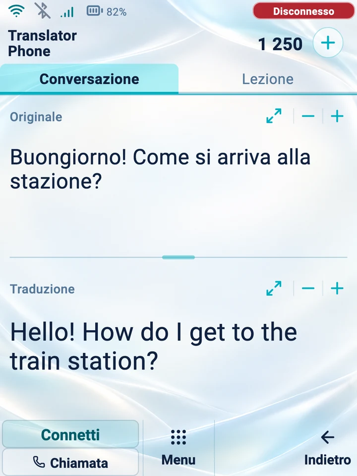 Schermata del dispositivo: modalità Conversazione con originale e traduzione