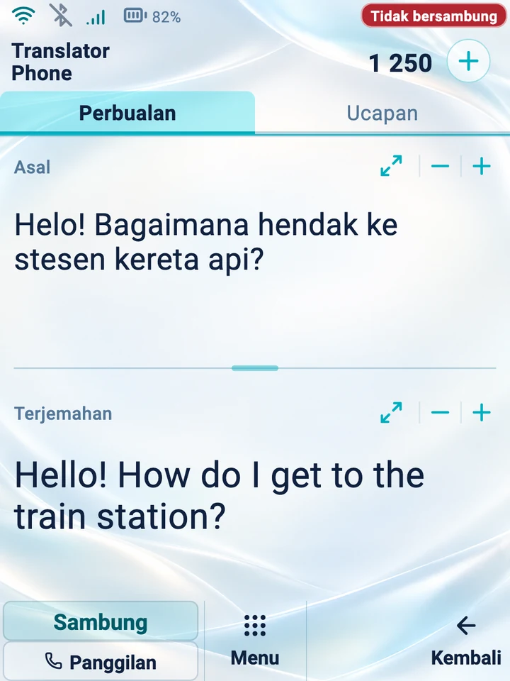 Skrin peranti: mod Perbualan dengan teks asal dan terjemahan