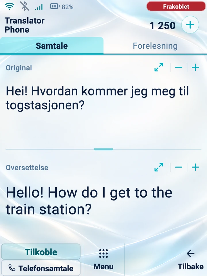 Enhetsskjerm: modusen «Samtale» med original og oversettelse