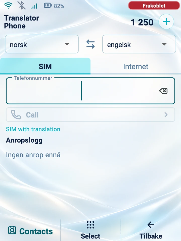 Enhetsskjerm: nummertastatur for et oversatt SIM-anrop