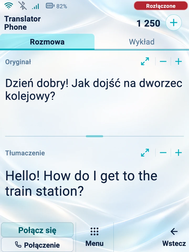 Ekran urządzenia: tryb „Rozmowa” z oryginałem i tłumaczeniem