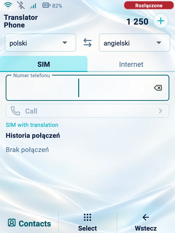 Ekran urządzenia: wybieranie numeru dla połączenia SIM z tłumaczeniem