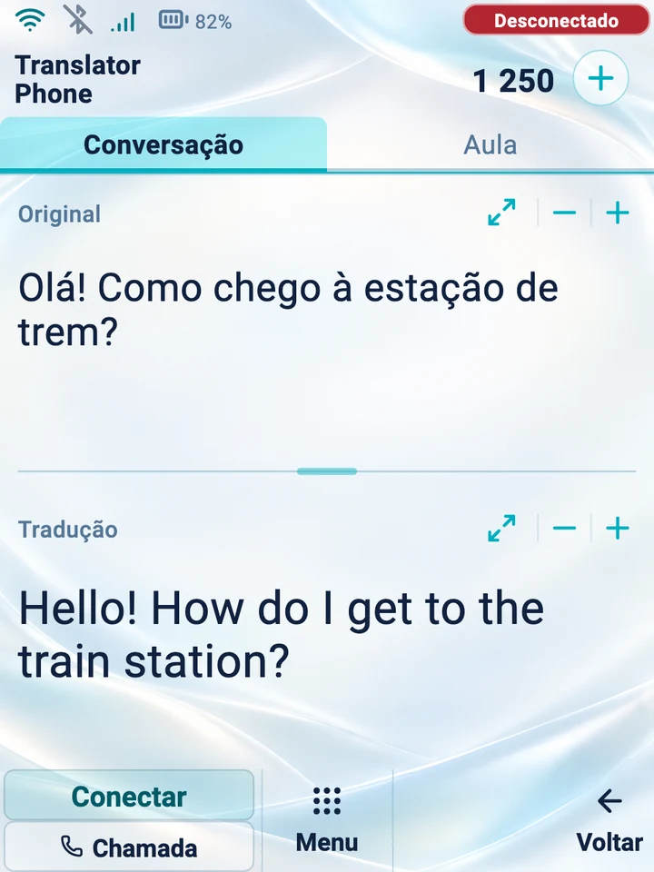 Tela do dispositivo: modo Conversação com o original e a tradução