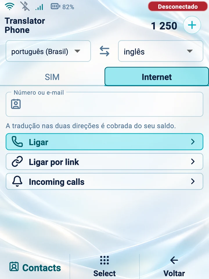 Tela do dispositivo: uma chamada pela internet