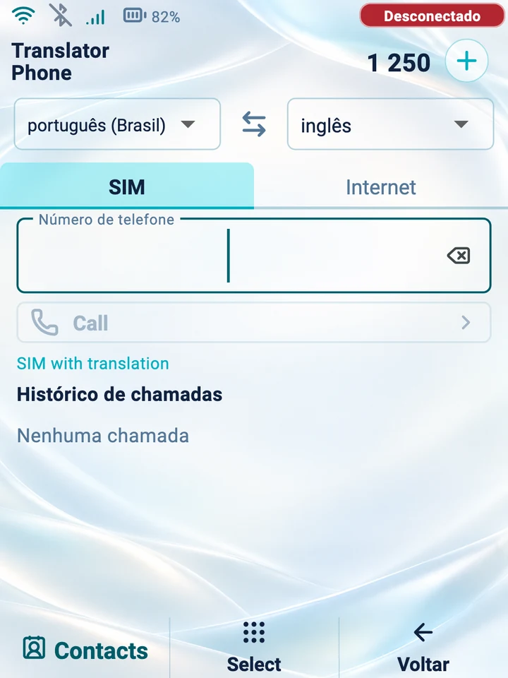 Tela do dispositivo: discador para uma chamada via SIM com tradução