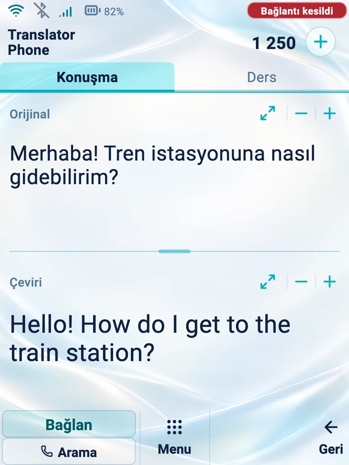 Cihaz ekranı: orijinal ve çeviriyle “Konuşma” modu