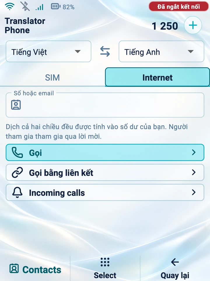 Màn hình thiết bị: một cuộc gọi internet