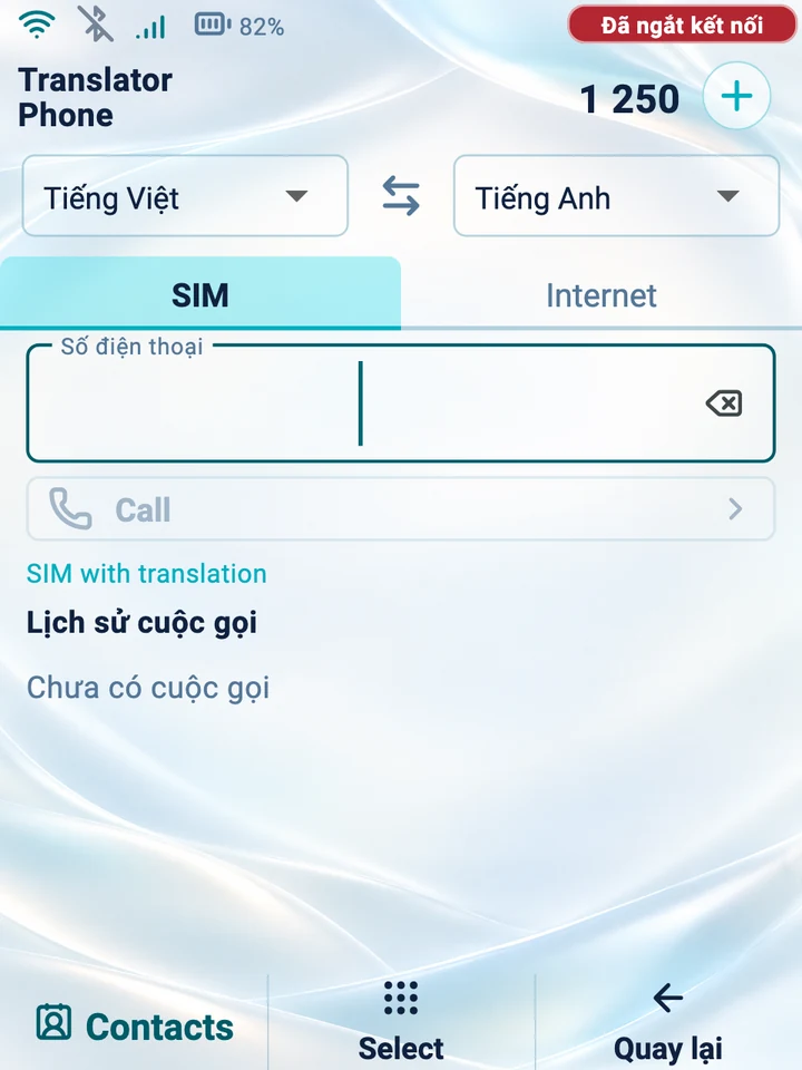 Màn hình thiết bị: quay số cho cuộc gọi SIM có dịch