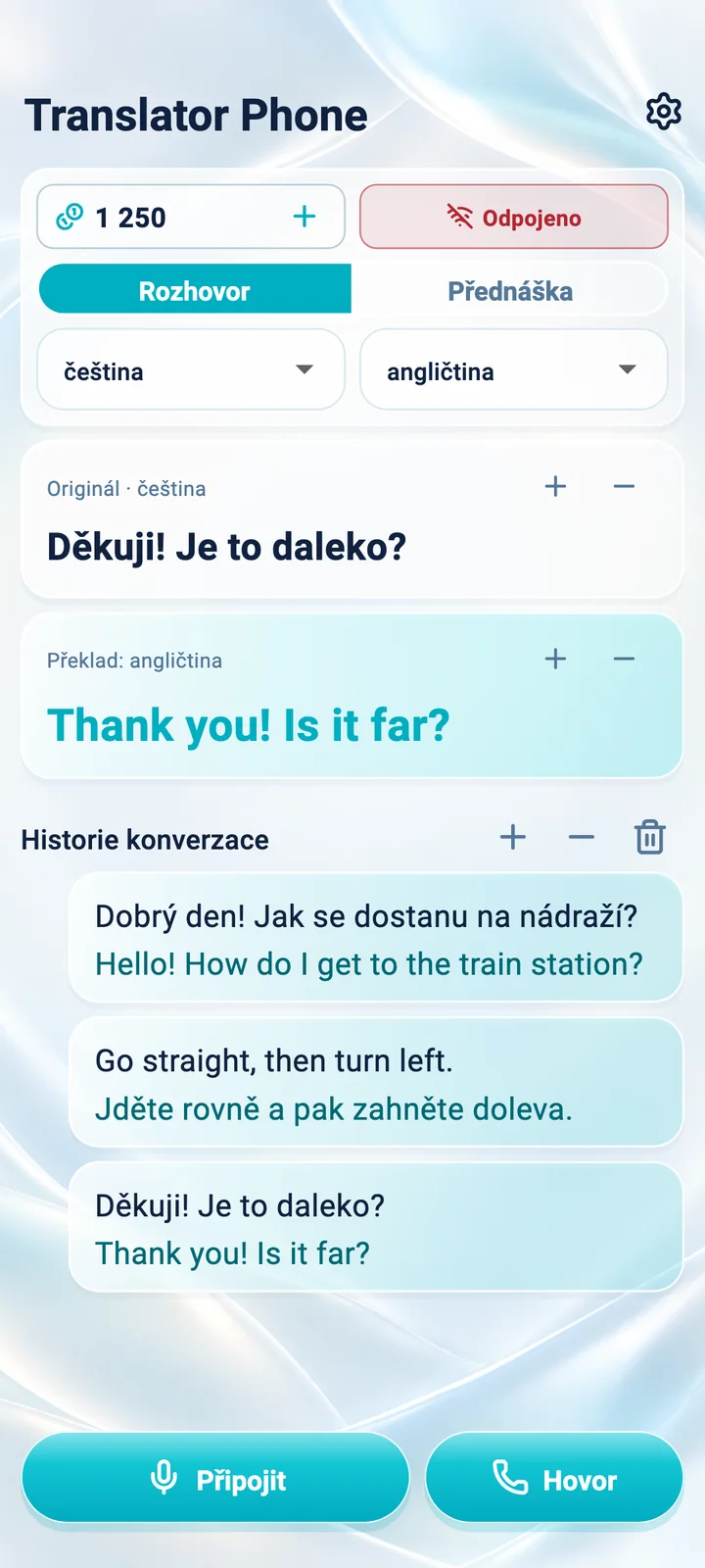 Android: obrazovka režimu Rozhovor v aplikaci Translator Phone