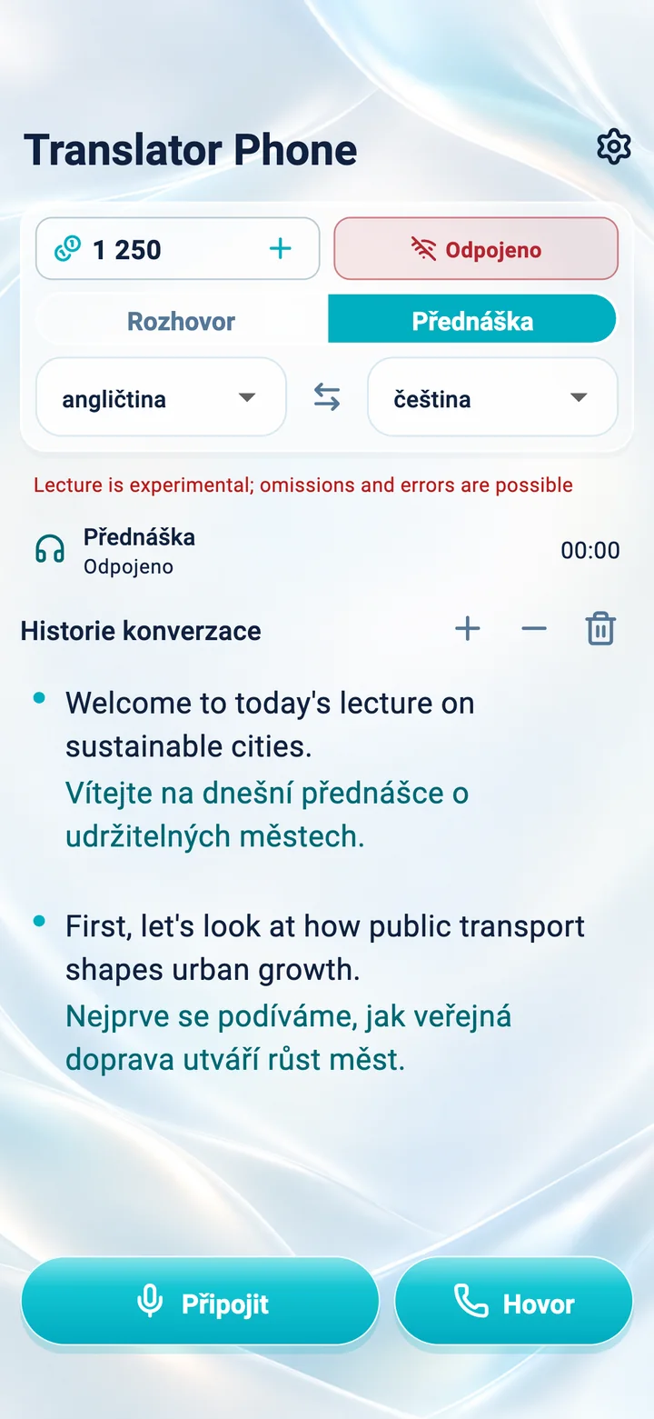 iPhone: obrazovka režimu Přednáška v aplikaci Translator Phone