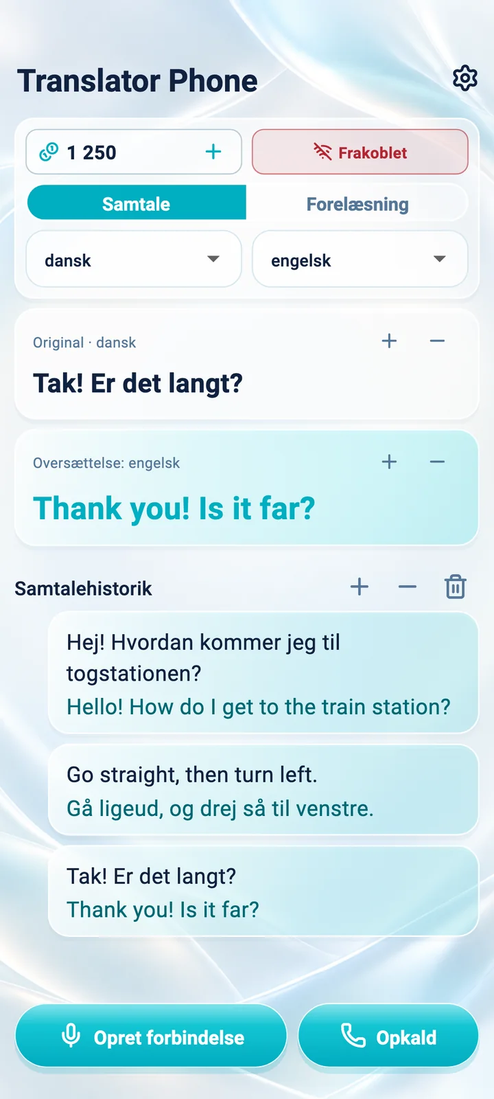 Android: skærmbillede af tilstanden »Samtale« i Translator Phone-appen