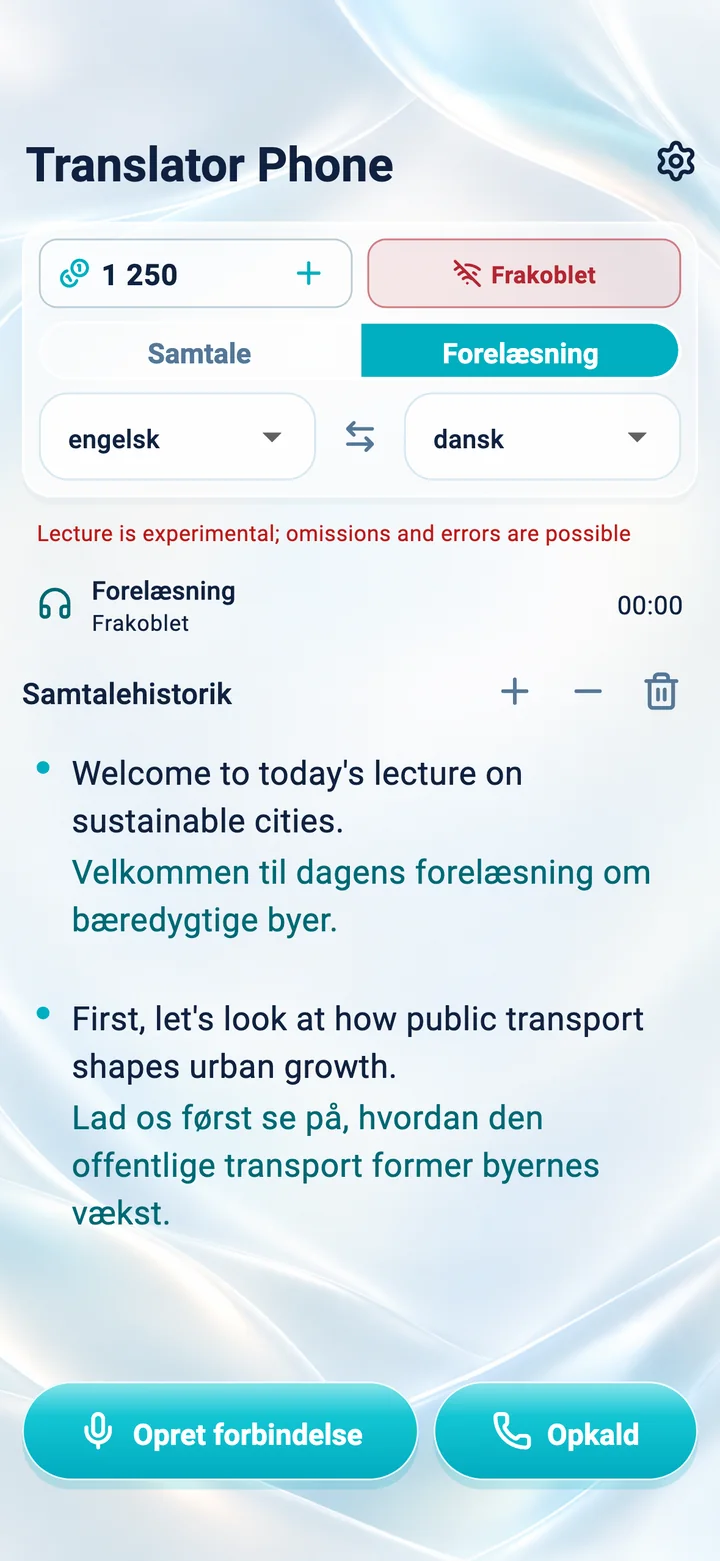 iPhone: skærmbillede af tilstanden »Forelæsning« i Translator Phone-appen