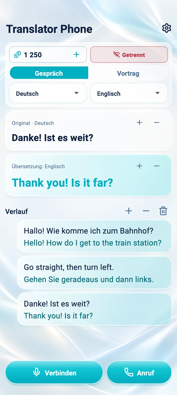 Android: Bildschirm des Gesprächsmodus in der App Translator Phone