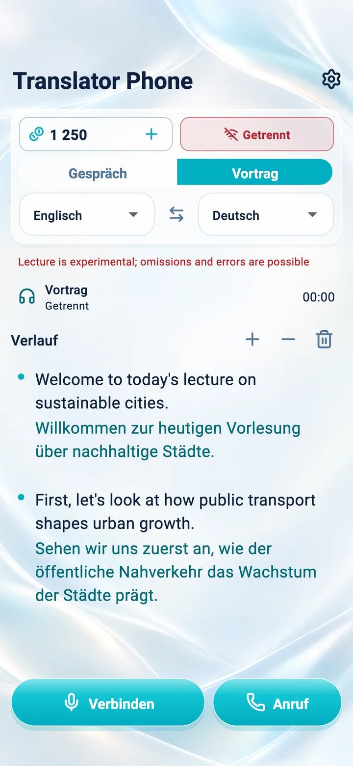 iPhone: Bildschirm des Vortragsmodus in der App Translator Phone