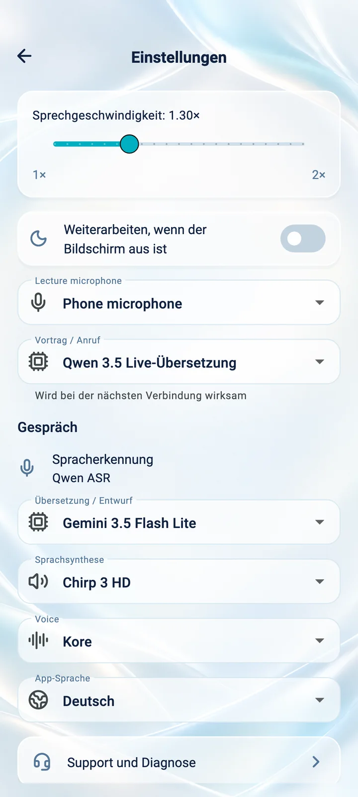 Einstellungen der App Translator Phone: Sprechgeschwindigkeit, Mikrofon, Stimme und App-Sprache