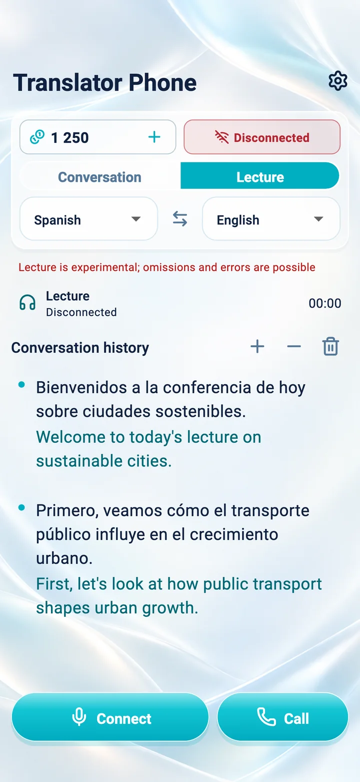 iPhone: Lecture mode screen in the Translator Phone app