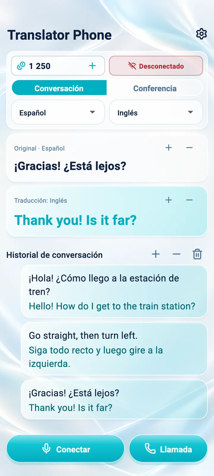 Android: pantalla del modo Conversación en la app Translator Phone
