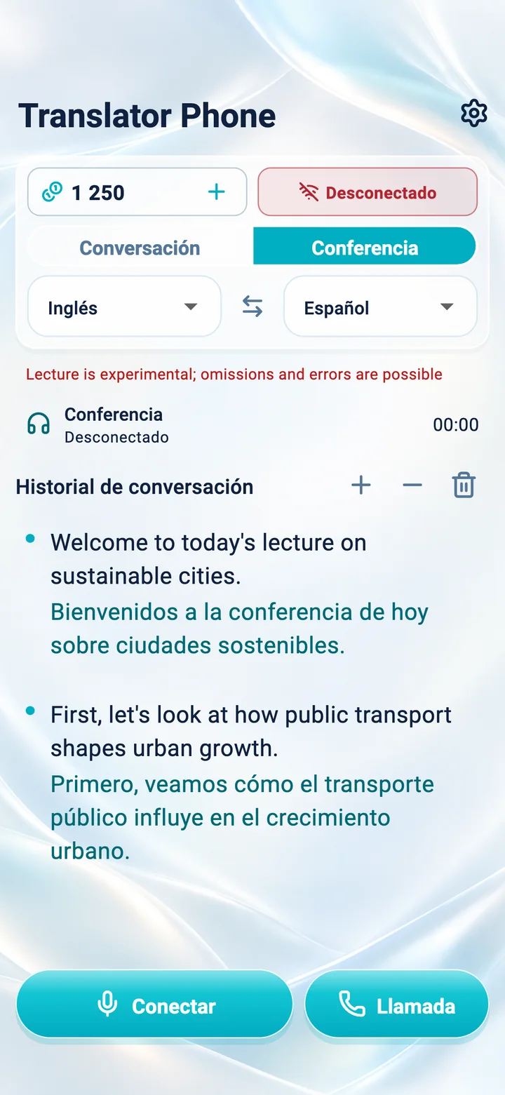 iPhone: pantalla del modo Conferencia en la app Translator Phone