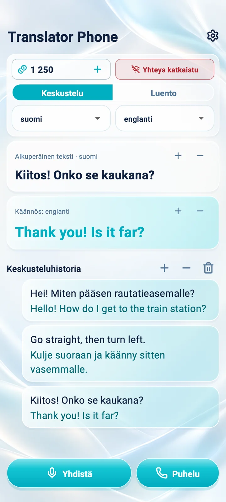 Android: Keskustelu-tilan näkymä Translator Phone -sovelluksessa