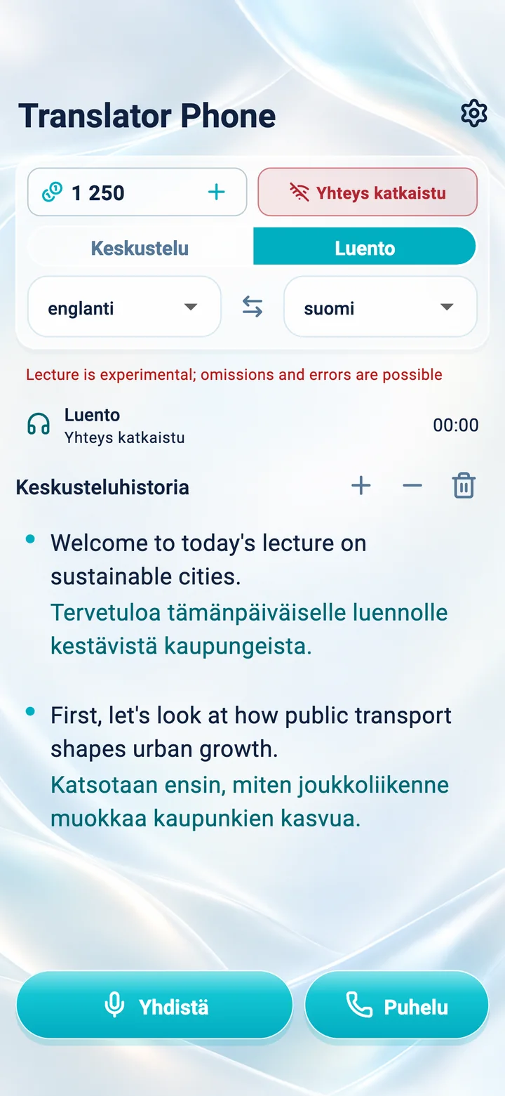 iPhone: Luento-tilan näkymä Translator Phone -sovelluksessa
