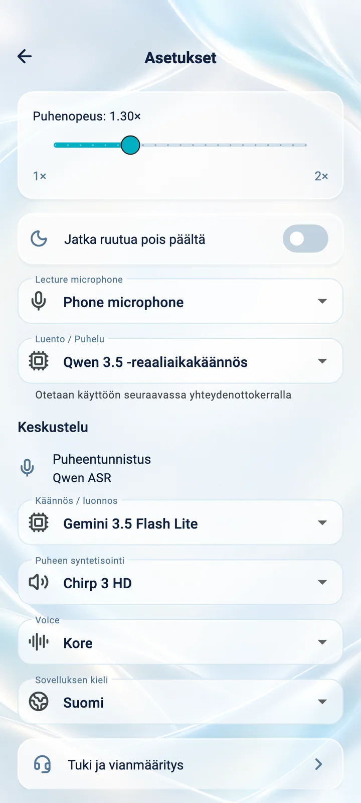 Translator Phone -sovelluksen asetukset: puhenopeus, mikrofoni, ääni ja sovelluksen kieli