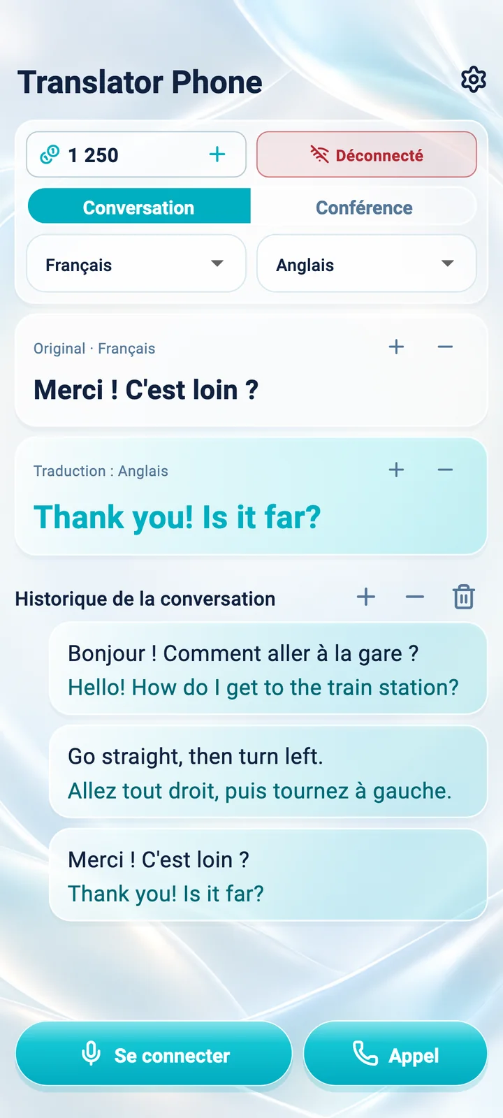 Android : écran du mode Conversation dans l’application Translator Phone