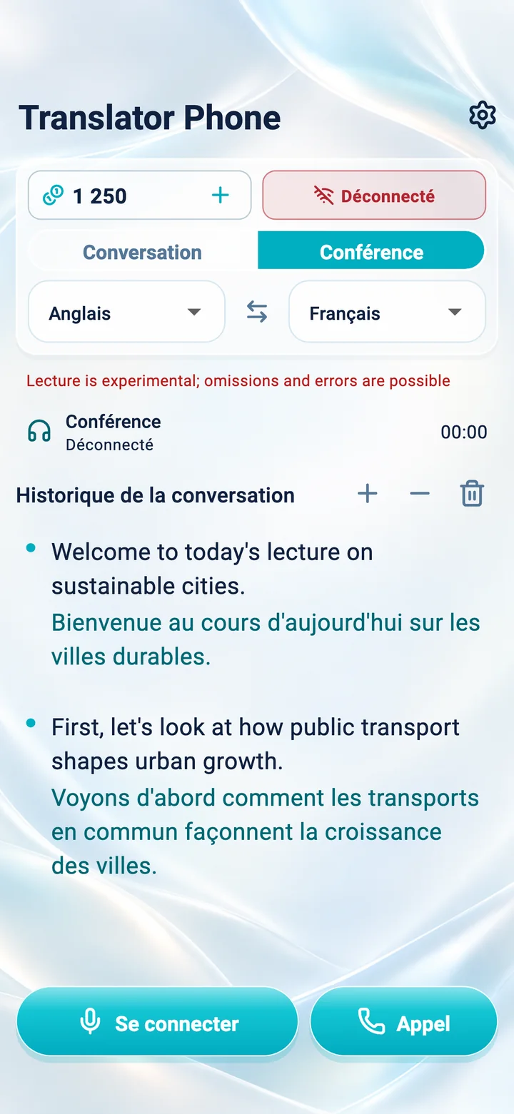 iPhone : écran du mode Conférence dans l’application Translator Phone
