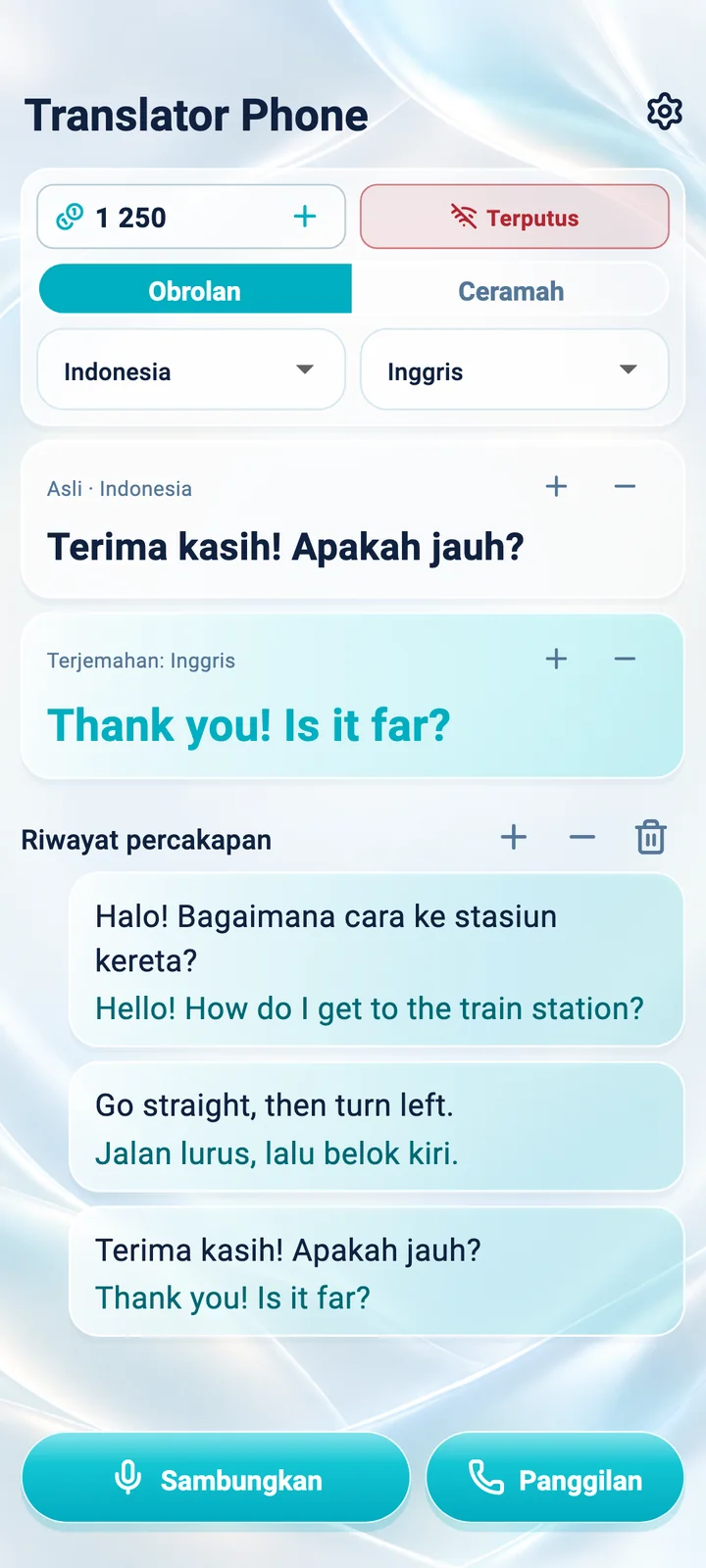 Android: layar mode Obrolan di aplikasi Translator Phone