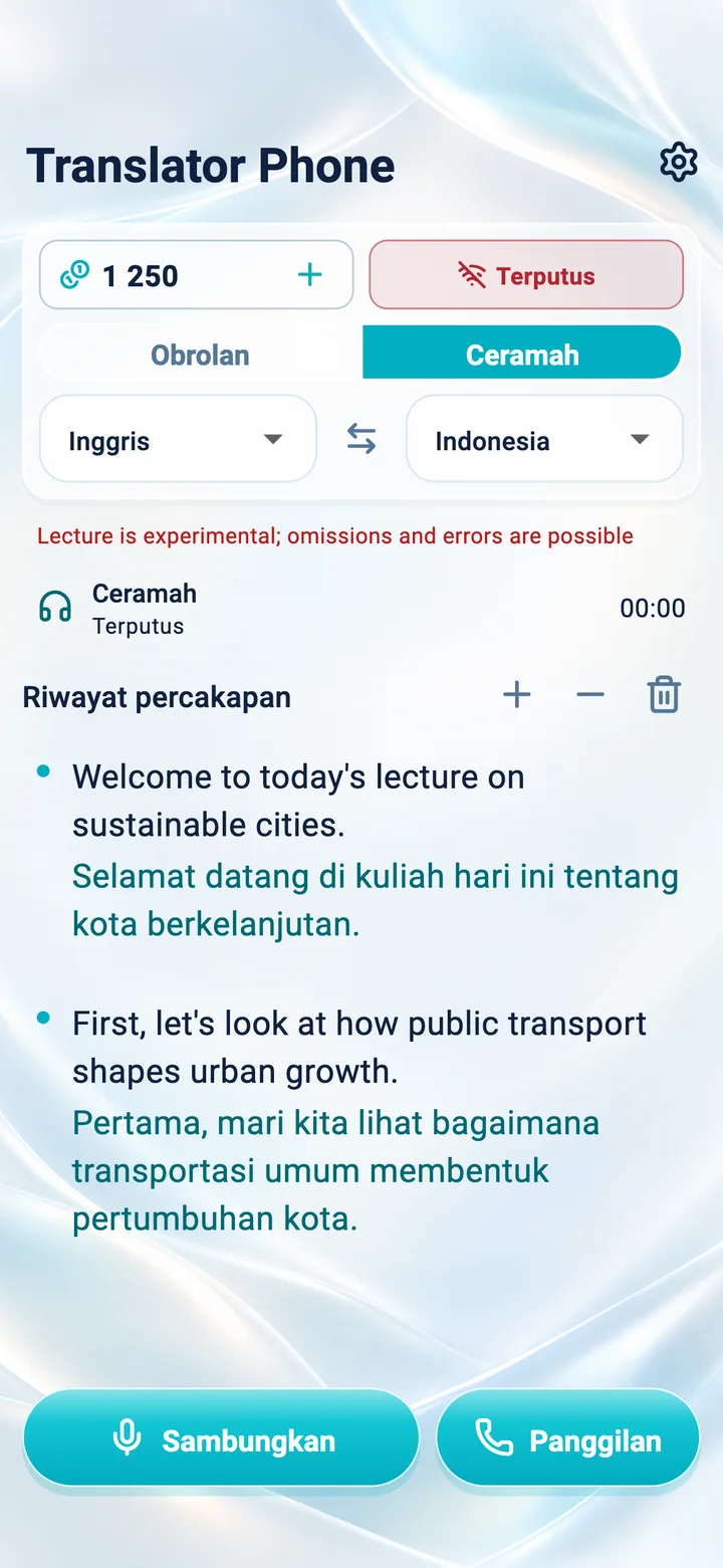 iPhone: layar mode Ceramah di aplikasi Translator Phone