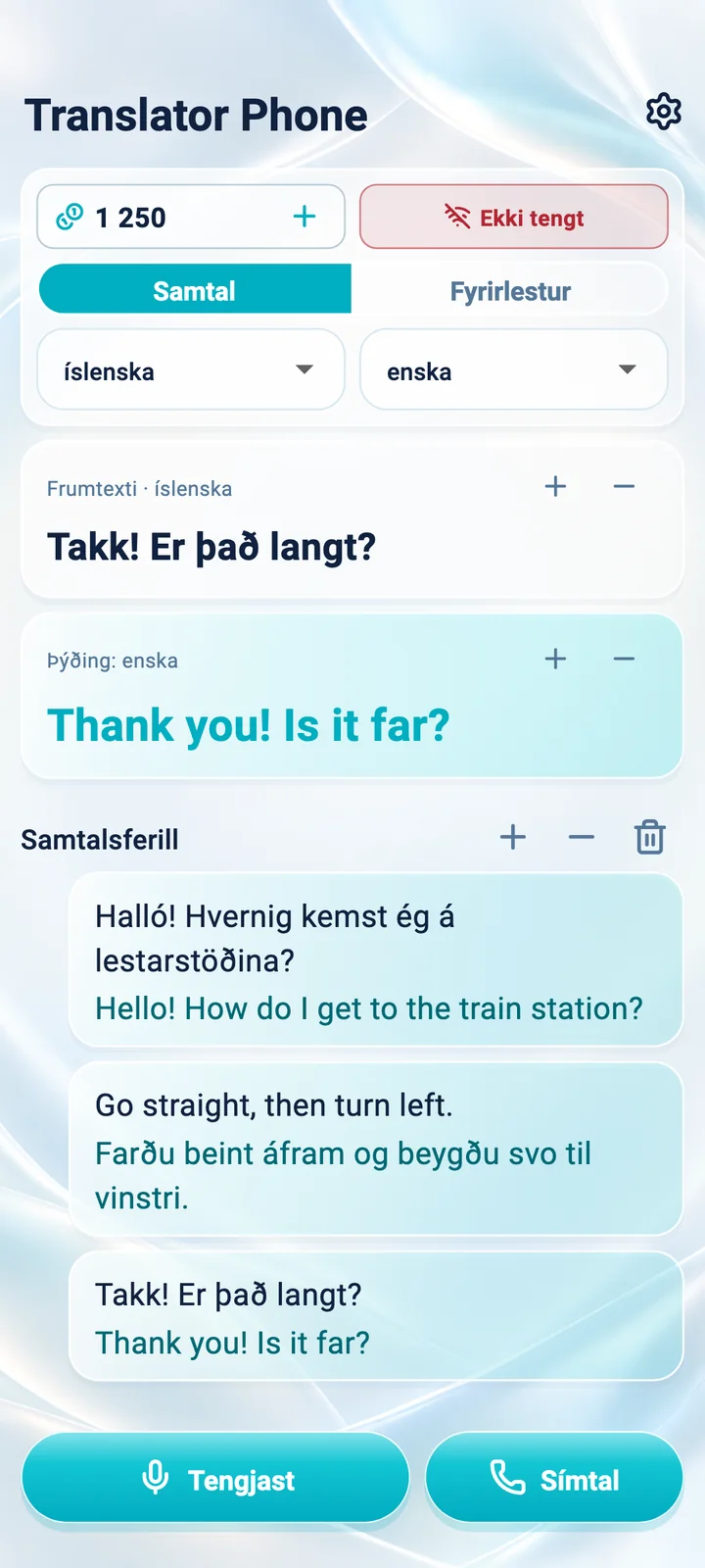 Android: skjár samtalshams í Translator Phone-forritinu