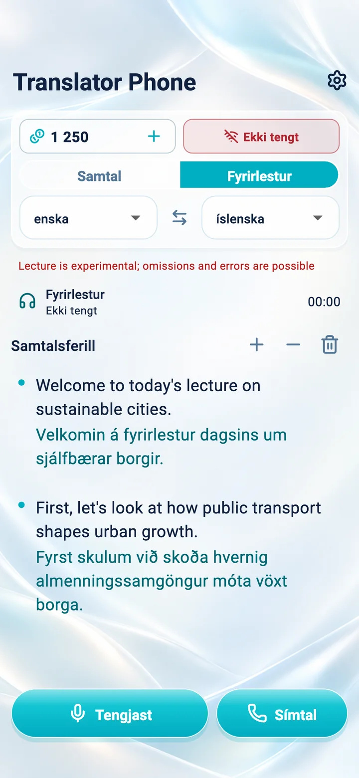 iPhone: skjár fyrirlestrarhams í Translator Phone-forritinu